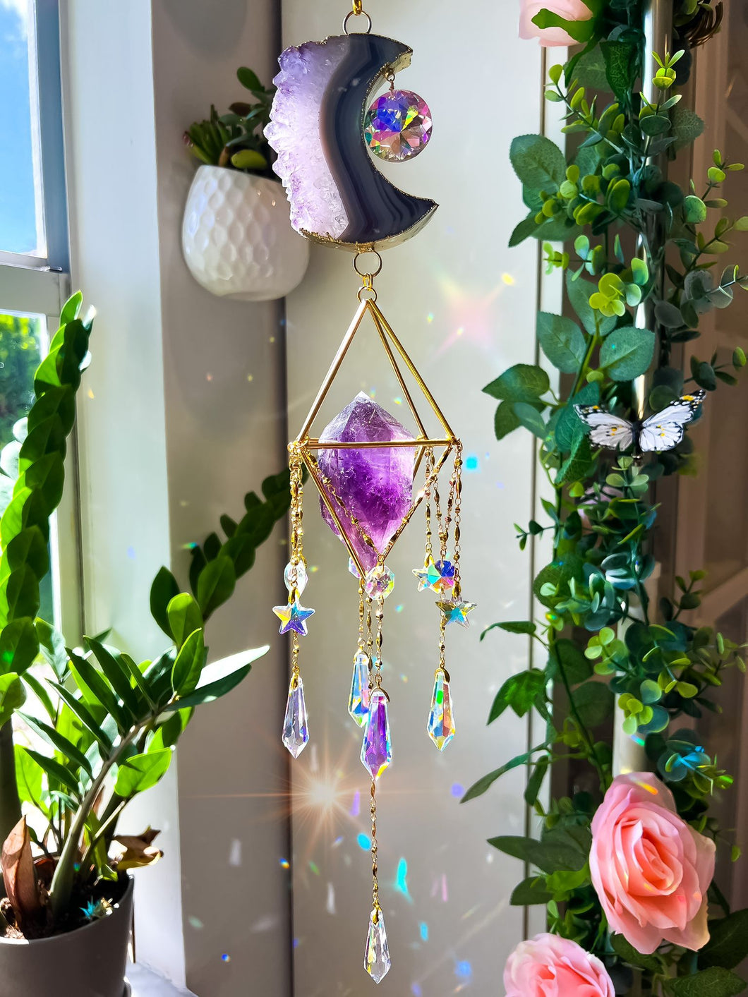 Belle ~ Amethyst Crescent Druzy Moon Quartz Suncatcher